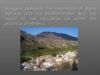 Wedged between the mountains of Sierra
Nevada and the Mediterranean Sea, the
region of Las Alpujarras lies within the
province of Almería.
 