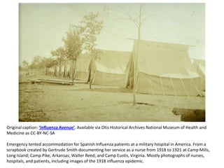 Original caption: ‘Influenza Avenue’. Available via Otis Historical Archives National Museum of Health and
Medicine as CC-BY-NC-SA

Emergency tented accommodation for Spanish Influenza patients at a military hospital in America. From a
scrapbook created by Gertrude Smith documenting her service as a nurse from 1918 to 1921 at Camp Mills,
Long Island; Camp Pike, Arkansas; Walter Reed; and Camp Eustis, Virginia. Mostly photographs of nurses,
hospitals, and patients, including images of the 1918 influenza epidemic.
 