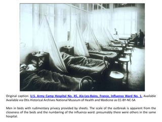 Original caption: U.S. Army Camp Hospital No. 45, Aix-Les-Bains, France, Influenza Ward No. 1. Available
Available via Otis Historical Archives National Museum of Health and Medicine as CC-BY-NC-SA

Men in beds with rudimentary privacy provided by sheets. The scale of the outbreak is apparent from the
closeness of the beds and the numbering of the influenza ward: presumably there were others in the same
hospital.
 