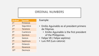 ORDINAL NUMBERS
Ordinal Spanish
1st Primero/a
2nd Segundo/a
3rd Tercero/a
4th Cuartero/a
5th Quinto/a
6th Sexto/a
7th Septimo/a
8th Octavo/a
9th Noveno/a
10th Decimo/a
Example:
• Emilio Aguinaldo es el president primero
de Filipinas.
• Emilio Aguinaldo is the first president
of the Philippines.
• Felipe VII ( Felipe septimo)
• Luis XVI (Luis catorce)
 