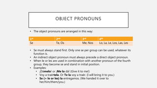 OBJECT PRONOUNS
1st 2nd 3rd 4th
Se Te, Os Me, Nos Lo, La, Le, Los, Las, Les
• The object pronouns are arranged in this way:
• Se must always stand first. Only one se per group can be used, whatever its
function is.
• An indirect object pronoun must always precede a direct object pronoun.
• When le or les are used in combination with another pronoun of the fourth
group, they become se and stand in initial position.
• Examples:
• ¡Dámelo! or ¡Me lo dá! (Give it to me!)
• Voy a traértela. Or Te la voy a traér. (I will bring it to you.)
• Se (= le or les) la entregamos. (We handed it over to
her/him/them/you.)
 