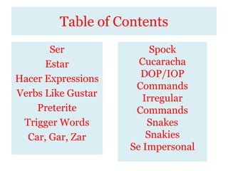 Table of Contents SerEstarHacer ExpressionsVerbs Like GustarPreterite Trigger Words Car, Gar, ZarSpockCucarachaDOP/IOP CommandsIrregular CommandsSnakesSnakiesSe Impersonal 