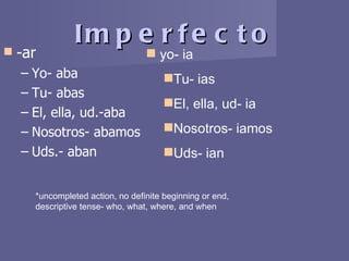 Imperfecto -ar Yo- aba Tu- abas El, ella, ud.-aba Nosotros- abamos Uds.- aban yo- ia Tu- ias El, ella, ud- ia Nosotros- iamos Uds- ian *uncompleted action, no definite beginning or end, descriptive tense- who, what, where, and when 