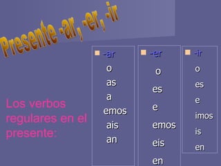 -ar o as a emos ais an  Presente -ar, -er, -ir Los verbos regulares en el presente: -er o es e emos eis en -ir o es e imos is en 