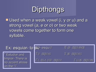 Dipthongs Used when a weak vowel (i, y or u) and a strong vowel (a, e or o) or two weak vowels come together to form one syllable. Ex: esquiar- to ski Yo- esqu io Nos- esquiamos Tu- esquias Vos- esquiais El, ella, usd- esquia Ellos- esquian * Estudiar and limpiar- There is no accent stress on the “i”. 