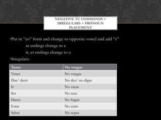 NEGATIVE TU COMMANDS +
                        IRREGULARS + PRONOUN
                             PLACEMENT


•Put in “yo” form and change to opposite vowel and add “s”
         ar endings change to e
         ir, er endings change to a
•Irregulars:
Tener                        No tengas
Vener                        No vengas
Dar/ decir                   No des/ no digas
Ir                           No vayas
Ser                          No seas
Hacer                        No hagas
Estar                        No estés
Saber                        No sepas
 