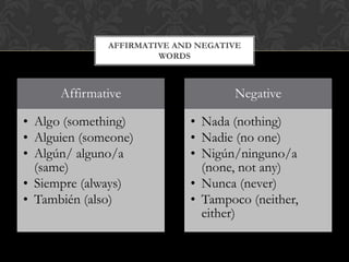 AFFIRMATIVE AND NEGATIVE
                       WORDS



      Affirmative                   Negative

• Algo (something)          • Nada (nothing)
• Alguien (someone)         • Nadie (no one)
• Algún/ alguno/a           • Nigún/ninguno/a
  (same)                      (none, not any)
• Siempre (always)          • Nunca (never)
• También (also)            • Tampoco (neither,
                              either)
 