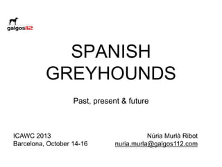 SPANISH
GREYHOUNDS
Past, present & future

ICAWC 2013
Barcelona, October 14-16

Núria Murlà Ribot
nuria.murla@galgos112.com

 