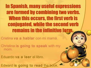 In Spanish, many useful expressions
are formed by combining two verbs.
When this occurs, the first verb is
conjugated, while the second verb
remains in the infinitive form.
Cristina va a hablar con mi mamá.
Christina is going to speak with my
mom.
Eduardo va a leer el libro.
Edward is going to read the book.
 