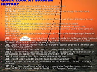 QUICK LOOK AT SPANISH HISTORY 1100 BC . Phoenician traders establish colony at southern Iberia. 228 BC . Carthaginians occupy southern and eastern Iberia. 218-220 BC . Romans defeat Carthage in Second Punic War and occupy the entire Iberia. 74 . Inhabitants of Iberia are granted full Roman citizenship. 409 . Visigoths occupy Iberian peninsula. 711 . Combined Arab and Berber force from northern Africa cross Strait of Gibraltar to occupy Iberian peninsula. 756 . Independent Emirate is established in Iberia, with Córdoba as its capital. 913 . Having re-taken territories in northern Spain, Christians establish capital in León. 1013 . Powerful Caliphate of Córdoba breaks up due to internal strife; Muslim Spain splits into small kingdoms. 1212 . Decisive Christian victory at battle of Navas de Tolosa spells the beginning of the end of Muslims in Spain. 1492 . King Fernando and Queen Isabel's army capture Granada, the final defeat of the Muslims in Spain. Jews are forced to convert to Christianity; those who refuse are   expelled from Spain. Christopher Columbus sets sail on his voyage of discovery. 1588 . Defeat of Spanish Armada sent to invade England. Spanish Empire is at the height of its power, but is slowly declining. 1702-14 . War of Spanish Succession. Bourbon dynasty accedes to Spanish throne. 1808-14 . Peninsular War. Spaniards rise against Napoleon's occupying force. Combination of guerilla tactics and support from Wellington's army end in French defeat. 1898 . Spanish American War. Spain loses Cuba and Philippines. 1931 . Spanish king is forced to abdicate. Spain becomes a republic. 1936-39 . Spanish Civil War. Bloody conflict ends with General Franco's victory. Dictatorship established. 1975 . Franco dies, Juan Carlos de Borbón is proclaimed king. Spain becomes constitutional monarchy. Democracy would bring membership of the European Community. 