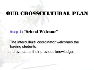 OUR CROSSCULTURAL PLAN
Step 1: “School Welcome”
The intercultural coordinator welcomes the
foreing students
and evaluates their previous knowledge.
 