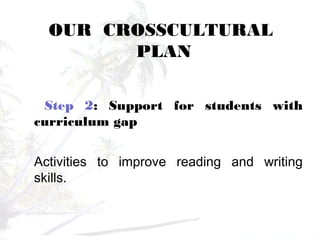 OUR CROSSCULTURAL
PLAN
Step 2: Support for students with
curriculum gap
Activities to improve reading and writing
skills.
 