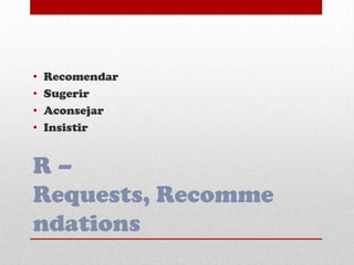 R –
Requests, Recomme
ndations
• Recomendar
• Sugerir
• Aconsejar
• Insistir
 