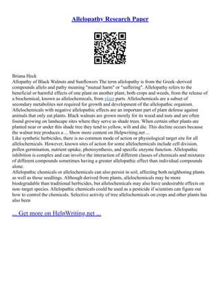 Allelopathy Research Paper
Briana Heck
Allopathy of Black Walnuts and Sunflowers The term allelopathy is from the Greek–derived
compounds allelo and pathy meaning "mutual harm" or "suffering". Allelopathy refers to the
beneficial or harmful effects of one plant on another plant, both crops and weeds, from the release of
a biochemical, known as allelochemicals, from plant parts. Allelochemicals are a subset of
secondary metabolites not required for growth and development of the allelopathic organism.
Allelochemicals with negative allelopathic effects are an important part of plant defense against
animals that only eat plants. Black walnuts are grown mostly for its wood and nuts and are often
found growing on landscape sites where they serve as shade trees. When certain other plants are
planted near or under this shade tree they tend to yellow, wilt and die. This decline occurs because
the walnut tree produces a ... Show more content on Helpwriting.net ...
Like synthetic herbicides, there is no common mode of action or physiological target site for all
allelochemicals. However, known sites of action for some allelochemicals include cell division,
pollen germination, nutrient uptake, photosynthesis, and specific enzyme function. Allelopathic
inhibition is complex and can involve the interaction of different classes of chemicals and mixtures
of different compounds sometimes having a greater allelopathic effect than individual compounds
alone.
Allelopathic chemicals or allelochemicals can also persist in soil, affecting both neighboring plants
as well as those seedlings. Although derived from plants, allelochemicals may be more
biodegradable than traditional herbicides, but allelochemicals may also have undesirable effects on
non–target species. Allelopathic chemicals could be used as a pesticide if scientists can figure out
how to control the chemicals. Selective activity of tree allelochemicals on crops and other plants has
also been
... Get more on HelpWriting.net ...
 