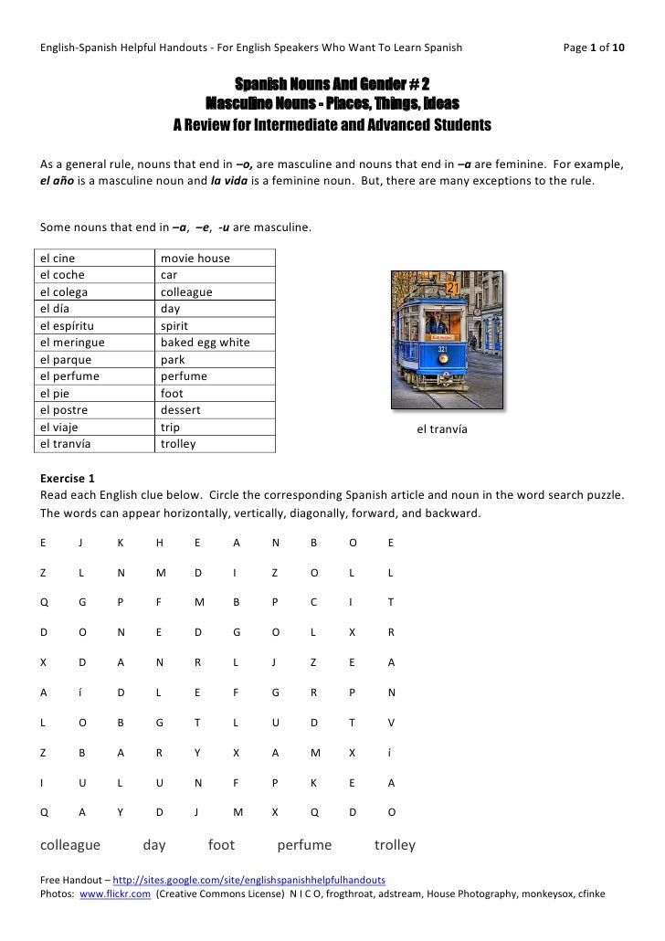 gender of nouns in spanish worksheet worksheet list