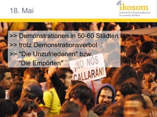 18. Mai


>> Demonstrationen in 50-60 Städten
>> trotz Demonstrationsverbot
>> "Die Unzufriedenen" bzw.
   "Die Empörten"
 