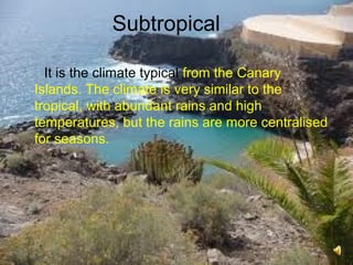Subtropical
It is the climate typical from the Canary
Islands. The climate is very similar to the
tropical, with abundant rains and high
temperatures, but the rains are more centralised
for seasons.
 
