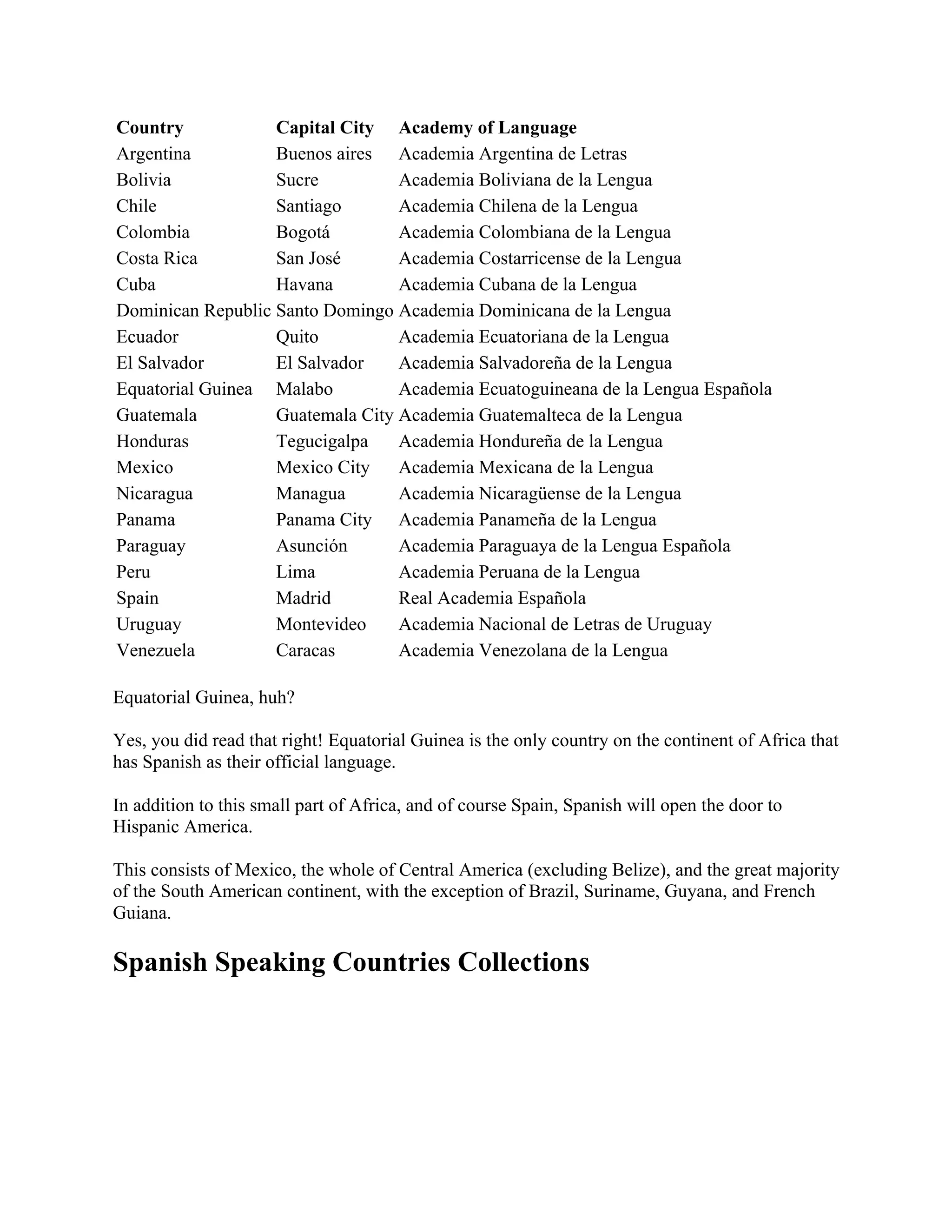 Spanish Speaking Countries Around the World | PDF