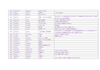 2438 sedentario, a sedentary 定住した、座った
2439 seducir seduce 誘惑する conducir 型活用。
2440 segmento segment 部分、セグメント
2441 selección selection 選抜、（スポーツの）国代表
日本でもセレソンという表現が使われることがあるが、これは同義語のポルトガル語 seleção より。関連
語: seleccionar（選択・選抜する）。
2442 seleccionar select 選択・選抜する selección（選択・選抜）より派生。
2443 semanal weekly 週の、週刊誌 「週刊誌」の場合は男性名詞。
2444 semestral biannual 6 ヶ月の、半年の 年 2 回刊行される雑誌などに使われる。
2445 semestre semester 6 ヶ月、半年 男性名詞。
2446 semifinal semifinal 準決勝 準々決勝は octavo de final、決勝は final。
2447 seminario seminar 神学校、セミナー 英語の seminar と比べて、「神学校」の意味が強い。
2448 senador, a senator 上院・参議院・元老院議員
もともとは古代ローマの元老院の議員で、日本なら参議院議員に相当。フランス以外の国のものについ
ては日本語では上院議員と呼ばれることが多い。議院は Senado。
2449 sencillez simpleness 単純さ sencillo, a（単純な）より派生。
2450 sendero Path 小道 類義語: senda。
2451 sensación sensation センセーション、感動
2452 sensacional sensational センセーショナルな、煽情的な
2453 sensato, a wise 賢明な
2454 sensibilidad sensibility 感受性
2455 sensitivo, a sensitive 微妙な、感情を害しやすい
2456 sensual sensual 官能的な
2457 sentencia sentence (n) 判決
2458 sentenciar sentence (v) 判決を下す sentencia（判決）より派生。
2459 sentimental sentimental 感情的な sentimiento（感情）より派生。
2460 señalar point out 示す señal（標識、信号）より派生。
2461 separación separation 分離する
2462 sequía drought 干ばつ seco, a（乾いた）より派生。対義語: inundación（洪水）。
 