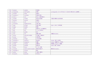 2745 vampiro vampire 吸血⿁
2746 vanguardia avant-garde 前衛 La Vanguardia（ラ・バングアルディア、バルセロナで発行されている新聞）。
2747 vanidad vanity 虚栄心
2748 vanidoso, a conceited 自惚れの強い
2749 vano, a vain 空しい、虚栄を張った
2750 variable variable 変化する/変数 「変数」の意味では女性名詞。
2751 vascular vascular 血管の
2752 vasto, a vast 広大な
2753 vecindario neighbourhood 住民、隣人
2754 vejez old age 老後、晩年 viejo, a（古い）の派生語。
2755 vejiga bladder 膀胱
2756 velar watch 徹夜する、(por)留意する
2757 velo veil ベール、かぶりもの
2758 veloz speedy 速い
2759 vena vein 静脈・血管 「動脈」は arteria。
2760 vencer overcome, defeat 打ち勝つ、克服する
2761 vendar bind 包帯を巻く
2762 vendimia vintage ブドウの収穫
2763 venenoso, a venenous 毒のある veneno（毒）より派生。
2764 venganza vengeance 復讐 vengar（復讐する）より派生。
2765 vengar revenge 復讐する 関連語: venganza（復讐）。
2766 ventilar ventilate 換気する viento（風）より派生。
2767 Venus Venus ビーナス、金星
2768 veranear spend summer vacation 夏休みを過ごす 夏休みは veraneo。
2769 veraniego, a summer 夏の
2770 verbal verbal 口頭の、動詞の
2771 verosímil plausible 本当らしい
 