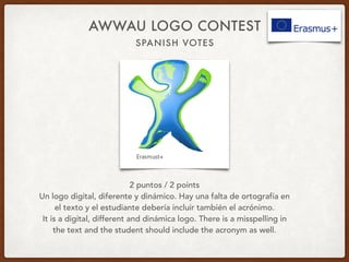 SPANISH VOTES
AWWAU LOGO CONTEST
2 puntos / 2 points
Un logo digital, diferente y dinámico. Hay una falta de ortografía en
el texto y el estudiante debería incluir también el acrónimo.
It is a digital, different and dinámica logo. There is a misspelling in
the text and the student should include the acronym as well.