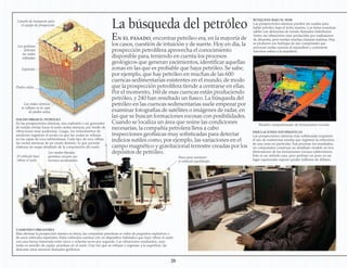 En el pasado, encontrar petróleo era, en la mayoría de
los casos, cuestión de intuición y de suerte. Hoy en día, la
prospección petrolífera aprovecha el conocimiento
disponible para, teniendo en cuenta los procesos
geológicos que generan yacimientos, identificar aquellas
zonas en las que es probable que haya petróleo. Se sabe,
por ejemplo, que hay petróleo en muchas de las 600
cuencas sedimentarias existentes en el mundo, de modo
que la prospección petrolífera tiende a centrarse en ellas.
Por el momento, 160 de esas cuencas están produciendo
petróleo, y 240 han resultado un fiasco. La búsqueda del
petróleo en las cuencas sedimentarias suele empezar por
examinar fotografías de satélites o imágenes de radar, en
las que se buscan formaciones rocosas con posibilidades.
Cuando se localiza un área que reúne las condiciones
necesarias, la compañía petrolera lleva a cabo
inspecciones geofísicas muy sofisticadas para detectar
indicios sutiles como, por ejemplo, las variaciones en el
campo magnético y gravitacional terrestre creadas por los
depósitos de petróleo.
La búsqueda del petróleo
CAMIONES VIBRADORES
Para efectuar la prospección sísmica en tierra, las compañías petroleras se valen de pequeños explosivos o
de unos vehículos especiales. Estos vehículos cuentan con un dispositivo hidráulico que hace vibrar el suelo
con una fuerza tremenda entre cinco y ochenta veces por segundo. Las vibraciones resultantes, cuyo
ruido es sencillo de captar, penetran en el suelo. Una vez que se reflejan y regresan a la superficie, las
detectan unos sensores llamados geófonos.
BÚSQUEDA BAJO EL MAR
Las prospecciones sísmicas pueden ser usadas para
hallar petróleo bajo el lecho marino. Los botes remolcan
cables con detectores de sonido llamados hidrófonos.
Antes, las vibraciones eran producidas por explosiones
de dinamita, pero morían muchas criaturas marinas. Hoy,
se producen con burbujas de aire comprimido que
provocan ondas sonoras al expandirse y contraerse
mientras suben a la superficie.
HACERVIBRAR EL PETRÓLEO
En las prospecciones sísmicas, una explosión o un generador
de sonido envían hacia el suelo ondas sísmicas, por medio de
vibraciones muy poderosas. Luego, los instrumentos de
medición registran el modo en que las ondas se reflejan
en las capas de roca subterráneas. Cada tipo de roca refleja
las ondas sísmicas de un modo distinto, lo que permite
elaborar un mapa detallado de la composición del suelo.
SIMULACIONES INFORMÁTICAS
Las prospecciones sísmicas más sofisticadas requieren
el uso de numerosas sondas que registran la estructura
de una zona en particular. Tras procesar los resultados,
un computador construye un detallado modelo en tres
dimensiones de las formaciones rocosas subterráneas.
Este es un método caro, pero perforar un pozo en un
lugar equivocado supone perder millones de dólares.
El vehículo hace
vibrar el suelo
28
Camión de transporte para
el equipo de prospección
Los geófonos
detectan
las ondas
reflejadas
Explosión
Piedra caliza
Las ondas sísmicas
se reflejan en la capa
de piedra caliza
Modelo computerizado de formaciones rocosas
Pesos para mantener
el vehículo equilibrado
Las ruedas blandas
permiten circular por
terrenos accidentados
 