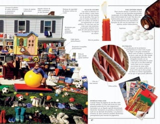 DE ETIQUETA
Las moléculas de los productos
petroquímicos se unen entre sí para
dar lugar a una gran variedad de
fibras como el nailon, el poliéster o
la lycra, cada una de ellas dotada
de propiedades diferentes. Esta
fotografía tomada con un
microscopio demuestra lo suave
y lisa que es una fibra artificial
(color rojo) si se la compara
con la lana de oveja (color
crema). Los tejidos acrílicos se
secan antes que la lana porque
sus fibras no tienen rugosidades
en las que el agua pueda adherirse.
PARA SENTIRSE MEJOR
Hace mucho tiempo, el petróleo se hizo
famoso por sus supuestas propiedades
medicinales. En la Edad Media, se utilizó para
tratar enfermedades de la piel. Hoy día es la
materia prima que se esconde en algunos
de los medicamentos más importantes.
Ejemplos de ello son los esteroides o la
aspirina, ambos hidrocarburos.
Aspirinas
PETRÓLEO PARA LEER
Cuando hojeas las páginas de este libro estás
leyendo petróleo. La tinta está hecha de unas
pequeñas partículas de color (pigmentos)
mezcladas con un líquido especial denominado
disolvente. Semejante a la parafina, el disolvente
suele ser un derivado del petróleo. Las pinturas y
el barniz de uñas contienen también disolventes
petroquímicos para mezclar los pigmentos.
Recipientes para
guardar
alimentos
(polietileno)
Gafas ligeras
(policarbonato)
Fibra acrílica
Vela de parafina
Fibra de
lana natural
VELAS DE COLORES
Las velas se fabrican con
cera de abejas y otras clases
de cera, pero las más baratas
son de parafina. Para que la
cera no huela, el petróleo se
filtra con arcilla y se somete a
un tratamiento con ácido
sulfúrico. El color hace que las
velas sean más atractivas.
La parafina también forma
parte de otros productos como
los barnices o los lápices
de colores.
Carcasas de plástico
de radios, televisores
y computadores
(poliestireno)
Ventanas de seguridad
de plástico (cloruro de
vinilo)
Juguetes (cloruro de
vinilo y polietileno
de alta densidad)
Recipientes irrompibles
(policarbonato)
Bolsa de
agua caliente
(goma sintética)
Cojines de espuma
(poliuretano)
47
 