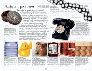 Plásticos y polímeros
Los plásticos desempeñan un papel
fundamental en nuestro mundo. Llegan a
nuestras casas de maneras y formas muy
diversas, ya sea como recipientes para
mantener los alimentos frescos o como
mandos del televisor. Una vez caliente,
el plástico puede adoptar casi cualquier
forma. Esto se debe a las moléculas que
lo forman, los polímeros, que son
larguísimas cadenas de átomos. Algunos
polímeros plásticos son naturales, como el
cuerno o el ámbar. Sin embargo, la mayoría de
los polímeros de nuestros días son de origen
artificial, y además proceden del petróleo y del
gas natural. Los científicos han aprendido a
emplear los hidrocarburos del petróleo para
crear una gran variedad de polímeros, tanto
para fabricar plástico como para producir
fibras sintéticas y otros materiales.
LOS PRIMEROS
PLÁSTICOS
El primer plástico, llamado
Parkesine, fue obra de Alexander
Parkes (1813−1890), quien lo
produjo modificando la celulosa,
que es un polímero natural
presente en el algodón. La era de
los plásticos modernos comenzó en
1907, cuando Leo Baekeland (1863−1944)
descubrió cómo crear nuevos polímeros por
medio de reacciones químicas. Su revolucionario
polímero, la baquelita, es una mezcla de átomos
de fenol y formaldehído producida con presión y
calor. La baquelita tuvo gran variedad de usos
como materia prima para la fabricación de hélices
de aviación, joyería y pomos, pero su mayor éxito
es el de las carcasas para aparatos eléctricos, dado
que presenta unas excelentes cualidades como
aislante eléctrico.
FABRICACIÓN
DE LOS POLÍMEROS
Los polímeros son
moléculas en forma de
cadena compuestas por moléculas
más pequeñas llamadas monómeros. El polietileno, por ejemplo,
es un polímero plástico compuesto por 50.000 moléculas de un
hidrocarburo monómero llamado etileno. Los científicos logran que los
monómeros del etileno se unan entre sí por medio de una reacción química
conocida como polimerización. En el mundo se producen más de 60 millones de
toneladas de polietileno al año.
POLIETILENO
Resistente y a la vez blando y
flexible, el polietileno es uno de
los plásticos más versátiles y más
usados. Creado por la compañía
ICI en 1933, es también uno de
los más antiguos. La mayor parte
de las botellas de plástico están
hechas de polietileno.
CLORURO DE POLIVINILO
El PVC es uno de los plásticos
más resistentes, y forma parte
de cañerías y ventanas. Si se
ablanda con unas substancias
denominadas plastificadores,
sirve para fabricar calzado, envases
de champú, bolsas para contener
sangre y muchas otras cosas.
POLIETILENO
DE ALTA DENSIDAD
Entre las muchas clases de
polietileno destaca el polietileno de
alta densidad.Se caracteriza por su
dureza y densidad,y a menudo se
emplea en la producción de
juguetes,envases de detergente,
jarras y contenedores de basura.
POLIPROPILENO
El polipropileno, un plástico rugoso
y resistente a casi cualquier
disolvente o ácido, suele usarse en
los envases de productos químicos o
farmacéuticos. La película fotográfica
es también de polipropileno, pues a
este plástico no le afectan los
líquidos de revelado.
POLIETILENO
DE BAJA DENSIDAD
Las uniones de los polímeros que
forman este polietileno son débiles,
lo que da lugar a un plástico muy
ligero y flexible. A modo de fina
película transparente, se emplea en
los envoltorios de las rebanadas
de pan o de otros alimentos.
POLIESTIRENO
Se emplea en los estuches de los
CD, duros y transparentes. Si se le
inyectan burbujas de aire, forma
una espuma ligera empleada, por
ejemplo, para empaquetar huevos
o, por sus propiedades térmicas,
para fabricar vasos de café
desechables.
Teléfono de
baquelita
48
Cada monómero tiene dos
átomos de hidrógeno (blancos)
y dos de carbono (negros)
Polímero de
polietileno
POLÍMEROS NATURALES
Antes, la gente hacía botones,
pomos, peines y polveras de
polímeros naturales como la
goma laca (secretada por el
gusano de la laca) y el carey
(obtenido de la concha de estas
tortugas). Una polvera de carey
como esta fue hecha calentando
y derritiendo la concha, y luego
dejándola enfriar dentro de un
molde.
Polvera de
carey,
siglo XVIII
 