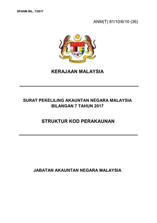 SPANM BIL. 7/2017
ANM(T) 81/10/6/10 (36)
KERAJAAN MALAYSIA
SURAT PEKELILING AKAUNTAN NEGARA MALAYSIA
BILANGAN 7 TAHUN 2017
STRUKTUR KOD PERAKAUNAN
JABATAN AKAUNTAN NEGARA MALAYSIA
 