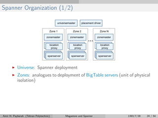 Spanner Organization (1/2)
Universe: Spanner deployment
Zones: analogues to deployment of BigTable servers (unit of physical
isolation)
Amir H. Payberah (Tehran Polytechnic) Megastore and Spanner 1393/7/28 24 / 54
 