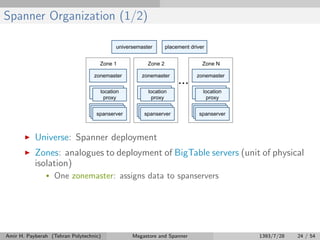 Spanner Organization (1/2)
Universe: Spanner deployment
Zones: analogues to deployment of BigTable servers (unit of physical
isolation)
• One zonemaster: assigns data to spanservers
Amir H. Payberah (Tehran Polytechnic) Megastore and Spanner 1393/7/28 24 / 54
 