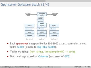 Spanserver Software Stack (1/4)
Each spanserver is responsible for 100-1000 data structure instances,
called tablet (similar to BigTable tablet).
Tablet mapping: (key: string, timestamp:int64) → string
Data and logs stored on Colossus (successor of GFS).
Amir H. Payberah (Tehran Polytechnic) Megastore and Spanner 1393/7/28 26 / 54
 