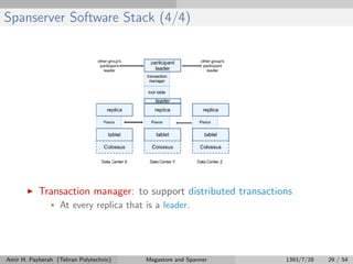 Spanserver Software Stack (4/4)
Transaction manager: to support distributed transactions
• At every replica that is a leader.
Amir H. Payberah (Tehran Polytechnic) Megastore and Spanner 1393/7/28 29 / 54
 