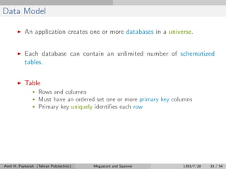 Data Model
An application creates one or more databases in a universe.
Each database can contain an unlimited number of schematized
tables.
Table
• Rows and columns
• Must have an ordered set one or more primary key columns
• Primary key uniquely identiﬁes each row
Amir H. Payberah (Tehran Polytechnic) Megastore and Spanner 1393/7/28 33 / 54
 