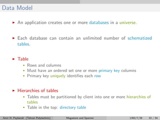 Data Model
An application creates one or more databases in a universe.
Each database can contain an unlimited number of schematized
tables.
Table
• Rows and columns
• Must have an ordered set one or more primary key columns
• Primary key uniquely identiﬁes each row
Hierarchies of tables
• Tables must be partitioned by client into one or more hierarchies of
tables
• Table in the top: directory table
Amir H. Payberah (Tehran Polytechnic) Megastore and Spanner 1393/7/28 33 / 54
 