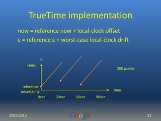 TrueTime implementation 
now = reference now + local-clock offset 
ε = reference ε + worst-case local-clock drift 
200 μs/...