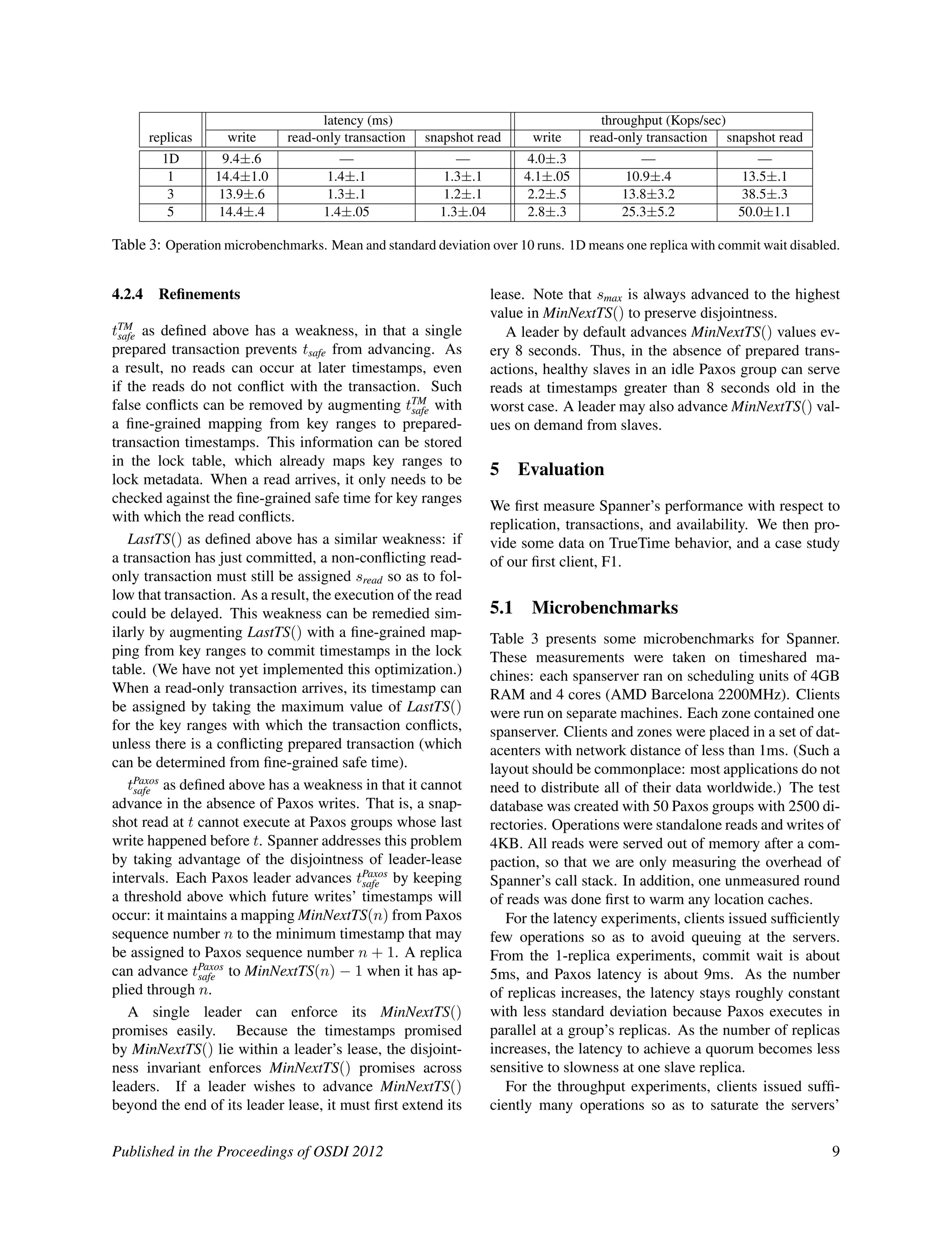 latency (ms) throughput (Kops/sec)
replicas write read-only transaction snapshot read write read-only transaction snapshot read
1D 9.4±.6 — — 4.0±.3 — —
1 14.4±1.0 1.4±.1 1.3±.1 4.1±.05 10.9±.4 13.5±.1
3 13.9±.6 1.3±.1 1.2±.1 2.2±.5 13.8±3.2 38.5±.3
5 14.4±.4 1.4±.05 1.3±.04 2.8±.3 25.3±5.2 50.0±1.1
Table 3: Operation microbenchmarks. Mean and standard deviation over 10 runs. 1D means one replica with commit wait disabled.
4.2.4 Reﬁnements
tTM
safe as deﬁned above has a weakness, in that a single
prepared transaction prevents tsafe from advancing. As
a result, no reads can occur at later timestamps, even
if the reads do not conﬂict with the transaction. Such
false conﬂicts can be removed by augmenting tTM
safe with
a ﬁne-grained mapping from key ranges to prepared-
transaction timestamps. This information can be stored
in the lock table, which already maps key ranges to
lock metadata. When a read arrives, it only needs to be
checked against the ﬁne-grained safe time for key ranges
with which the read conﬂicts.
LastTS() as deﬁned above has a similar weakness: if
a transaction has just committed, a non-conﬂicting read-
only transaction must still be assigned sread so as to fol-
low that transaction. As a result, the execution of the read
could be delayed. This weakness can be remedied sim-
ilarly by augmenting LastTS() with a ﬁne-grained map-
ping from key ranges to commit timestamps in the lock
table. (We have not yet implemented this optimization.)
When a read-only transaction arrives, its timestamp can
be assigned by taking the maximum value of LastTS()
for the key ranges with which the transaction conﬂicts,
unless there is a conﬂicting prepared transaction (which
can be determined from ﬁne-grained safe time).
tPaxos
safe as deﬁned above has a weakness in that it cannot
advance in the absence of Paxos writes. That is, a snap-
shot read at t cannot execute at Paxos groups whose last
write happened before t. Spanner addresses this problem
by taking advantage of the disjointness of leader-lease
intervals. Each Paxos leader advances tPaxos
safe by keeping
a threshold above which future writes’ timestamps will
occur: it maintains a mapping MinNextTS(n) from Paxos
sequence number n to the minimum timestamp that may
be assigned to Paxos sequence number n + 1. A replica
can advance tPaxos
safe to MinNextTS(n) − 1 when it has ap-
plied through n.
A single leader can enforce its MinNextTS()
promises easily. Because the timestamps promised
by MinNextTS() lie within a leader’s lease, the disjoint-
ness invariant enforces MinNextTS() promises across
leaders. If a leader wishes to advance MinNextTS()
beyond the end of its leader lease, it must ﬁrst extend its
lease. Note that smax is always advanced to the highest
value in MinNextTS() to preserve disjointness.
A leader by default advances MinNextTS() values ev-
ery 8 seconds. Thus, in the absence of prepared trans-
actions, healthy slaves in an idle Paxos group can serve
reads at timestamps greater than 8 seconds old in the
worst case. A leader may also advance MinNextTS() val-
ues on demand from slaves.
5 Evaluation
We ﬁrst measure Spanner’s performance with respect to
replication, transactions, and availability. We then pro-
vide some data on TrueTime behavior, and a case study
of our ﬁrst client, F1.
5.1 Microbenchmarks
Table 3 presents some microbenchmarks for Spanner.
These measurements were taken on timeshared ma-
chines: each spanserver ran on scheduling units of 4GB
RAM and 4 cores (AMD Barcelona 2200MHz). Clients
were run on separate machines. Each zone contained one
spanserver. Clients and zones were placed in a set of dat-
acenters with network distance of less than 1ms. (Such a
layout should be commonplace: most applications do not
need to distribute all of their data worldwide.) The test
database was created with 50 Paxos groups with 2500 di-
rectories. Operations were standalone reads and writes of
4KB. All reads were served out of memory after a com-
paction, so that we are only measuring the overhead of
Spanner’s call stack. In addition, one unmeasured round
of reads was done ﬁrst to warm any location caches.
For the latency experiments, clients issued sufﬁciently
few operations so as to avoid queuing at the servers.
From the 1-replica experiments, commit wait is about
5ms, and Paxos latency is about 9ms. As the number
of replicas increases, the latency stays roughly constant
with less standard deviation because Paxos executes in
parallel at a group’s replicas. As the number of replicas
increases, the latency to achieve a quorum becomes less
sensitive to slowness at one slave replica.
For the throughput experiments, clients issued sufﬁ-
ciently many operations so as to saturate the servers’
Published in the Proceedings of OSDI 2012 9
 