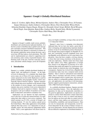 Spanner: Google’s Globally-Distributed Database
James C. Corbett, Jeffrey Dean, Michael Epstein, Andrew Fikes, Christopher...