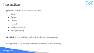 Interaction
gRPC and RESTful client libraries available:
● Java
● Python
● Golang
● NodeJS
● Ruby (upcoming)
● PHP (upcoming)
JDBC Driver is Available as well for limited legacy apps support.
Google Cloud CLI (work with instances, databases and run queries)
 