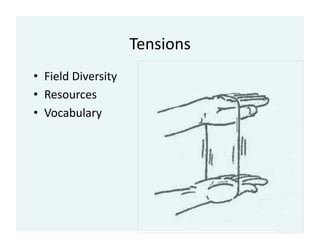 Tensions	
  
•  Field	
  Diversity	
  
•  Resources	
  
•  Vocabulary	
  
 