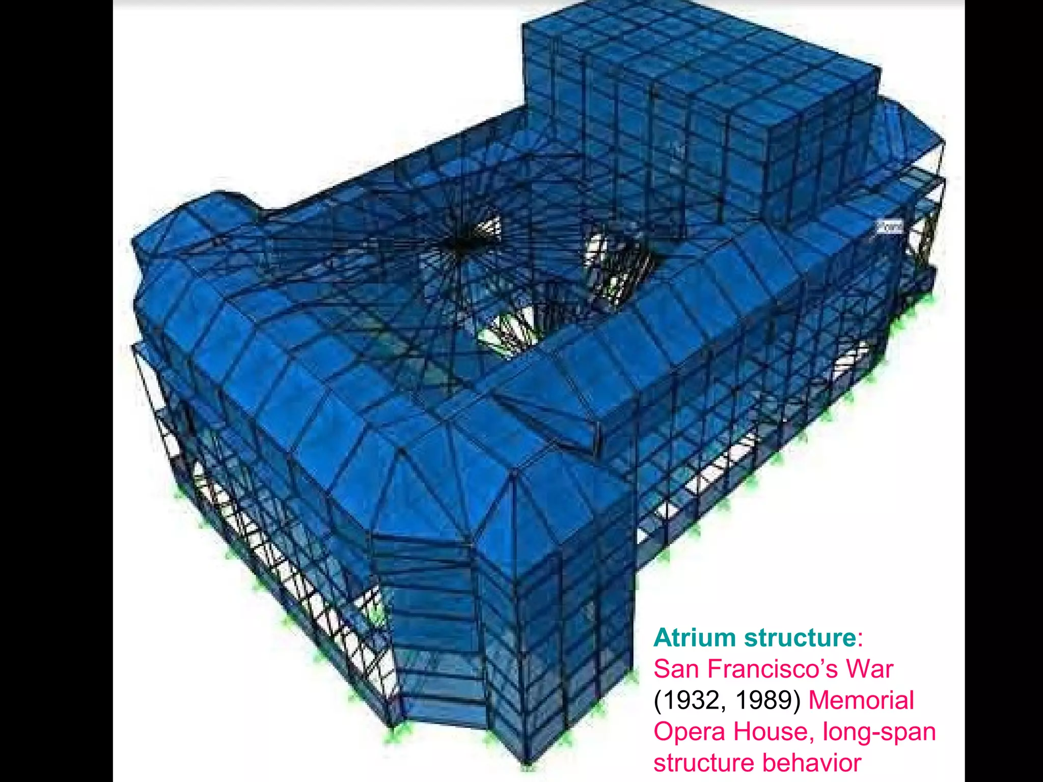Atrium structure:
San Francisco’s War
(1932, 1989) Memorial
Opera House, long-
span structure behavior
 