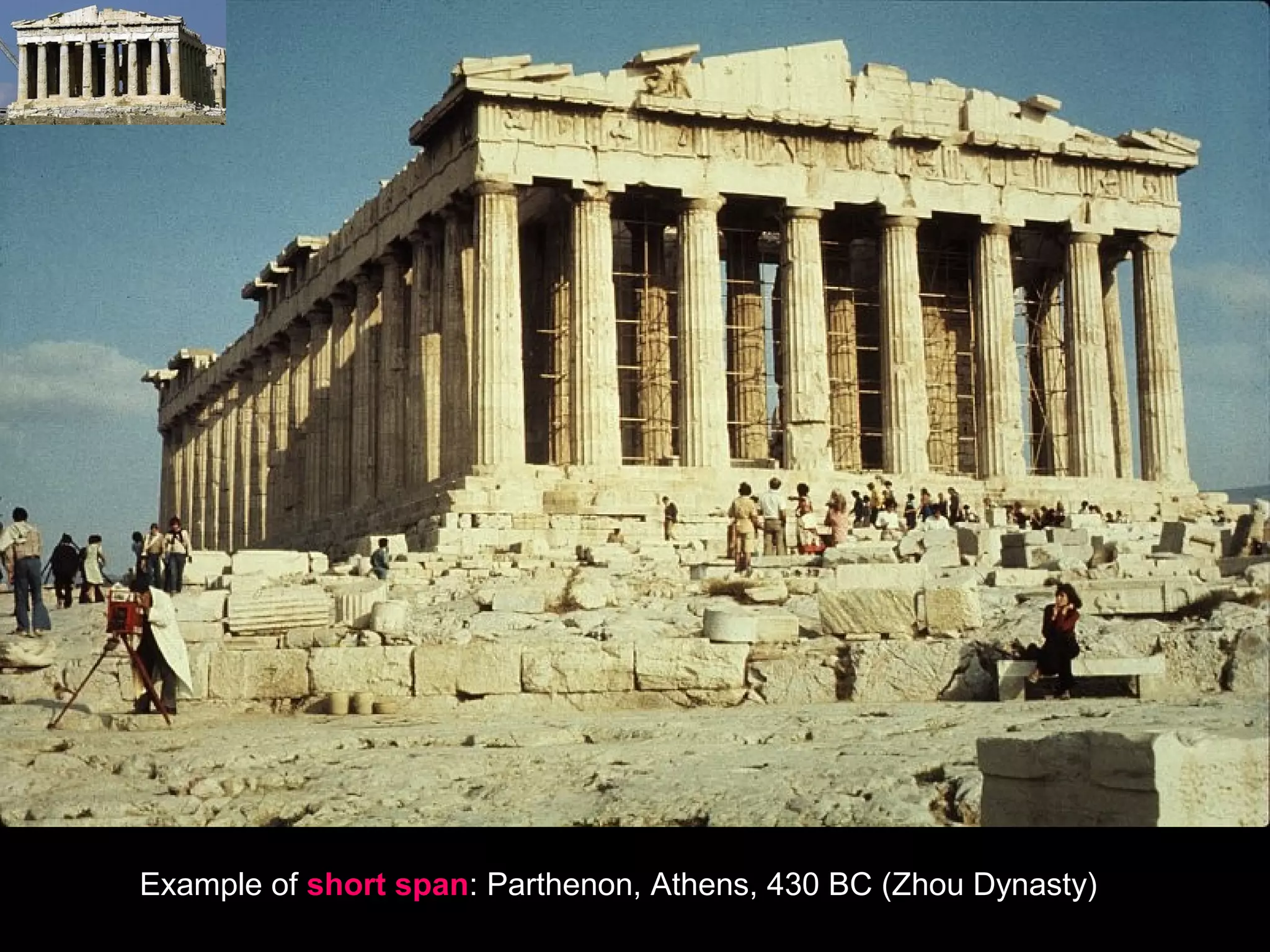Example of short span: Parthenon, Athens, 430 BC (Zhou Dynasty)
 