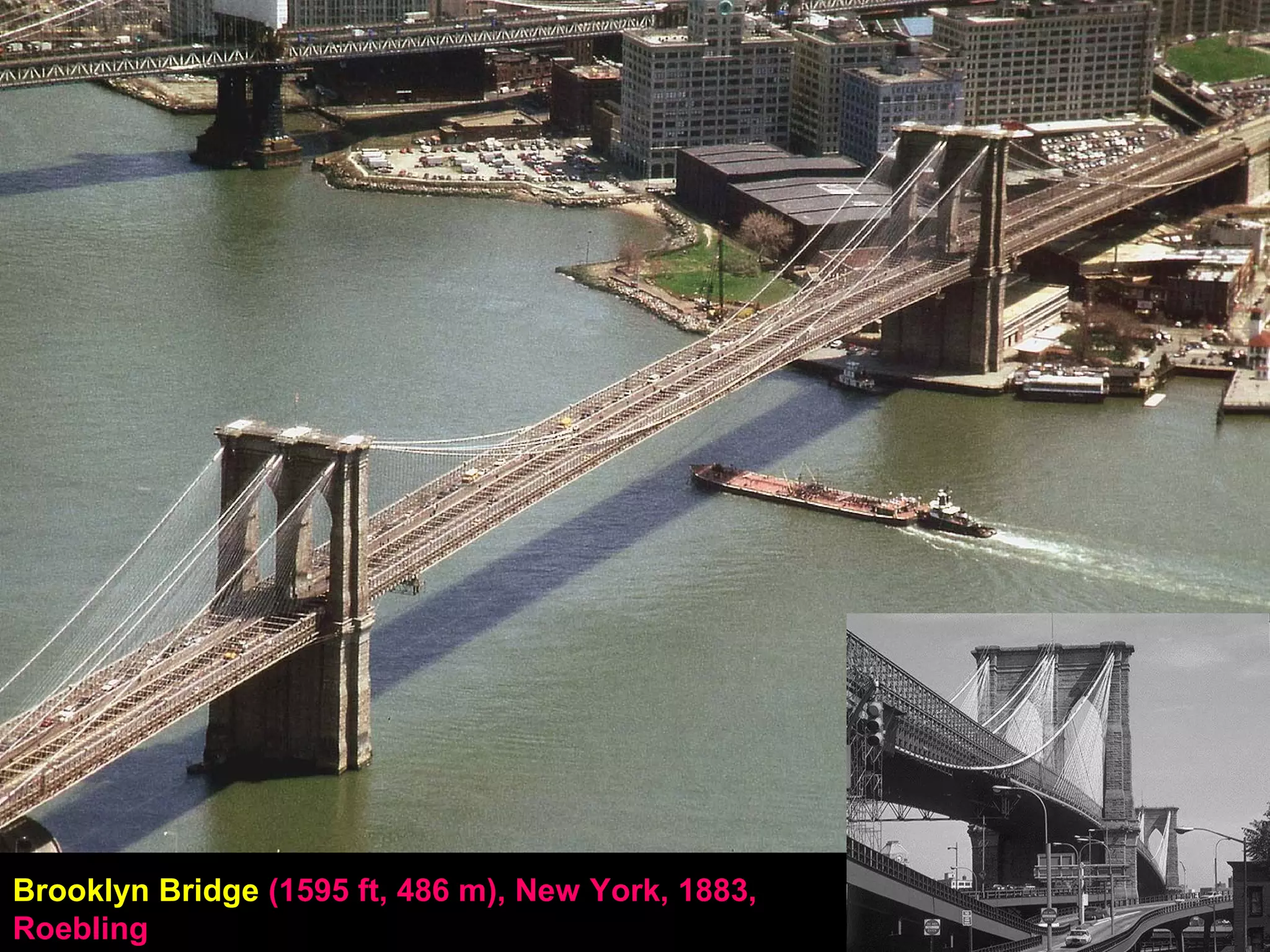Brooklyn Bridge (1595 ft, 486 m), New York, 1883,
Roebling
 