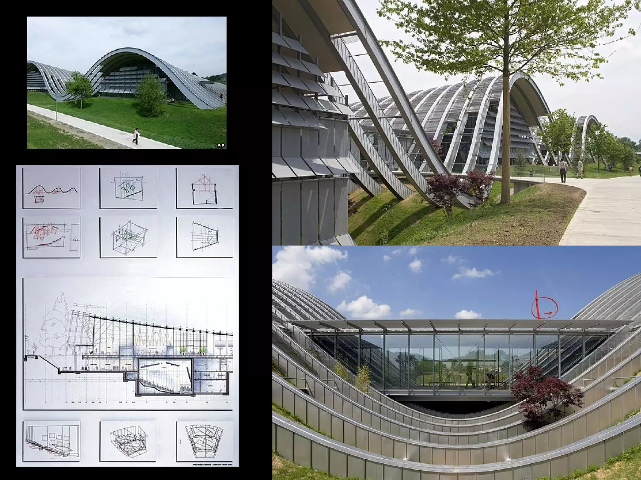 Arches
• Study of curvilinear patterns
• Arches as enclosures
• Visual study of arches
• Visual study of lateral thrust
• Olympic Stadium Montreal, 1975, Roger Taillibert
• Dresden Main Train Station, Dresden, 2006, Foster
• United Airlines Terminal at O’Hare Airport, Chicago, 1987, H. Jahn
• Museum of Roman Art, Mérida, Spain 1985, Jose Rafael Moneo
• City of Arts & Sciences, Valencia ,Spain ,Santiago Calatrava, 2000
• Geschwungene Holzbruecke bei Esslingen (Spannbandbruecke), 1986, R.
Dietrich
• La Defesa Footbridge, Ripoll, Spain, S. Calatrava, torsion
• Bridge over the Rhein-Herne-Canal, BUGA 1997, Gelsenkirchen, Stefan
Polónyi
• Rotterdam arch
• Kansai International Airport Terminal in Osaka, Japan, 1994 , Renzo Piano
• San Giovanni Rotondo, Italy, 2004, Renzo Piano
• Center Paul Klee, Bern, 2005, Renzo Piano
• Waterloo Terminal, London, Nicholas Grimshaw + Anthony Hunt
 
