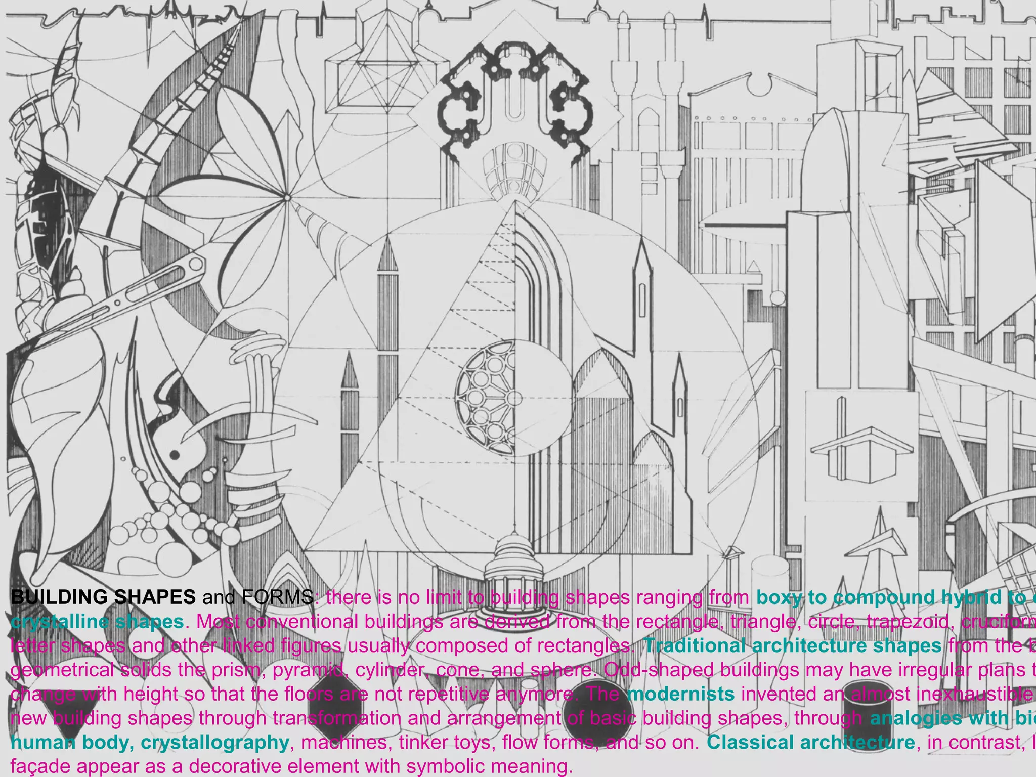 BUILDING SHAPES and FORMS: there is no limit to building shapes ranging from boxy to compound hybrid to o
crystalline shapes. Most conventional buildings are derived from the rectangle, triangle, circle, trapezoid, cruciform
letter shapes and other linked figures usually composed of rectangles. Traditional architecture shapes from the ba
geometrical solids the prism, pyramid, cylinder, cone, and sphere. Odd-shaped buildings may have irregular plans th
change with height so that the floors are not repetitive anymore. The modernists invented an almost inexhaustible n
new building shapes through transformation and arrangement of basic building shapes, through analogies with biol
human body, crystallography, machines, tinker toys, flow forms, and so on. Classical architecture, in contrast, le
appear as a decorative element with symbolic meaning.
 