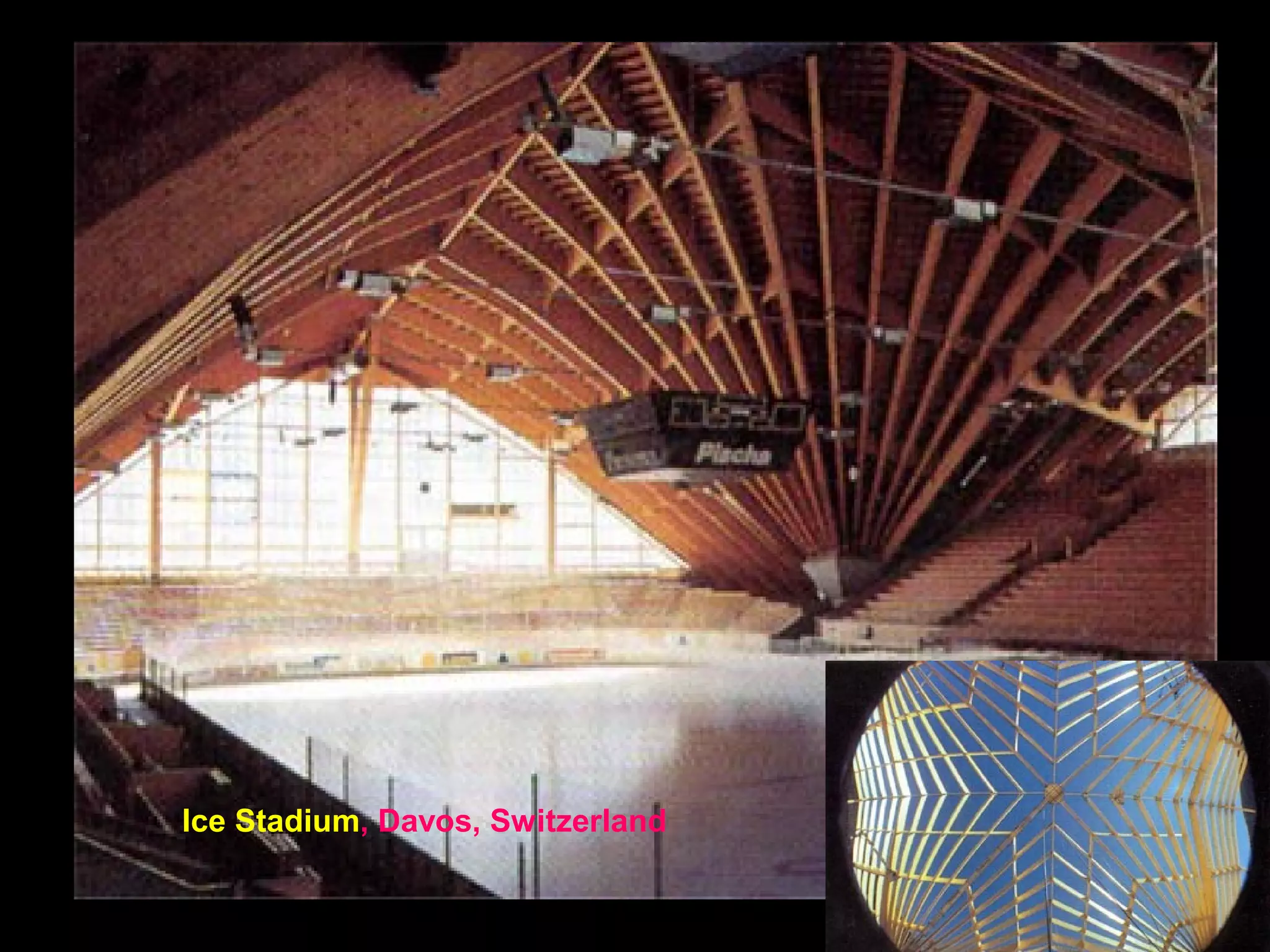 Three-dimensional structures may be organized as follows:
Spatial frameworks: such as space truss beams, derricks, building
cores, towers, guyed structures, etc
Single-layer three-dimensional frameworks are folded or
bent latticed surface structures such as folded plate planar trusses,
polyhedral dome-like structures and other synclastic and anticlastic
surface structures. They obtain their strength through spatial geometry
that is their profile.
Multi-layer space frames are generated by adding polyhedral units to
form three-dimensional building blocks. In contrast to single-layer
systems, the multi-layer structure has bending stiffness and does not
need to be curved; a familiar example are the flat, double-layer space
frame roofs and the sub-tensioned floor/ roof structures.
 