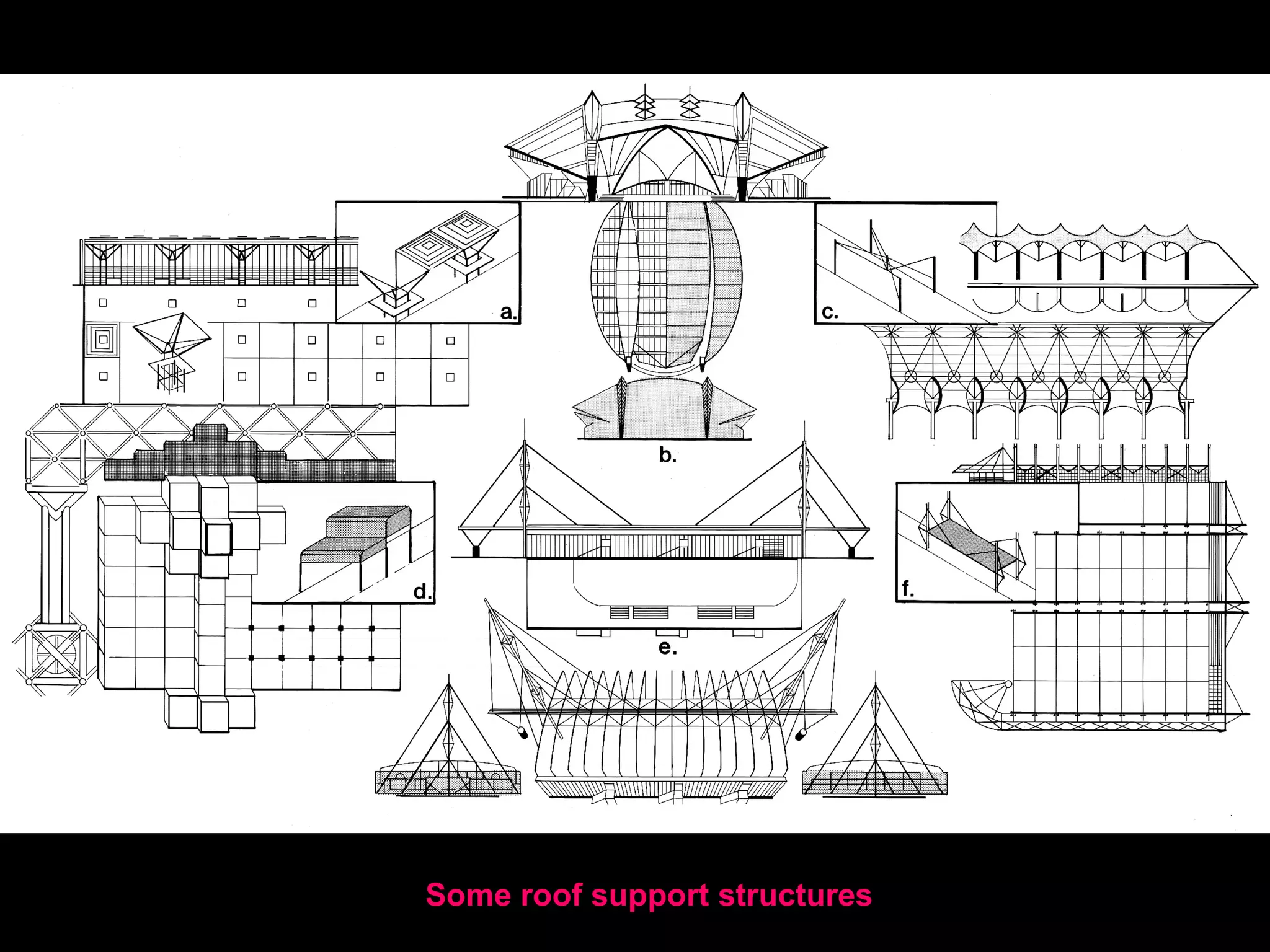In my presentation I will follow this organization by presenting
structural systems in various context. The examples will show that
architecture cannot be defined simply by engineering line
diagrams. To present the multiplicity of horizontal-span structures
is not a simple undertaking. Some roof structures shown in the
drawings, can only suggest the many possible support systems.
• Examples of horizontal-span roof structure systems
The cases may indicate the difficulty in classifying structure
systems considering the richness of the actual architecture rather
than only structural line diagrams.
 