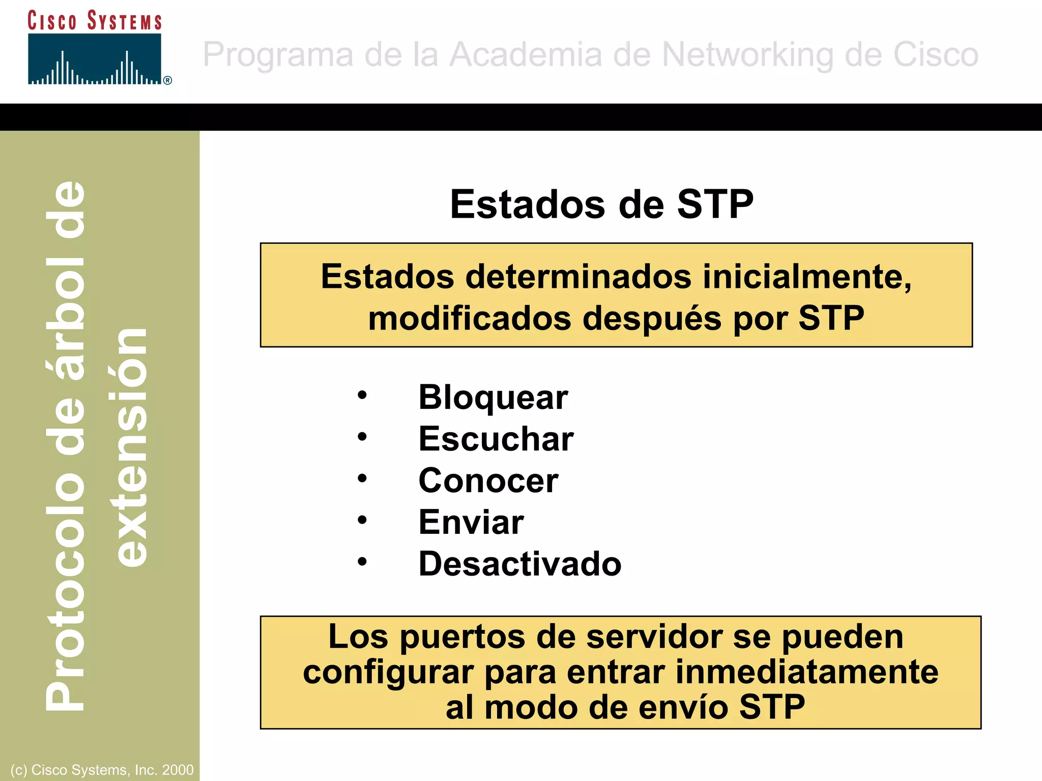 Estados determinados inicialmente, modificados después por STP Los puertos de servidor se pueden  configurar para entrar inmediatamente  al modo de envío STP Estados de STP Bloquear Escuchar Conocer Enviar Desactivado 