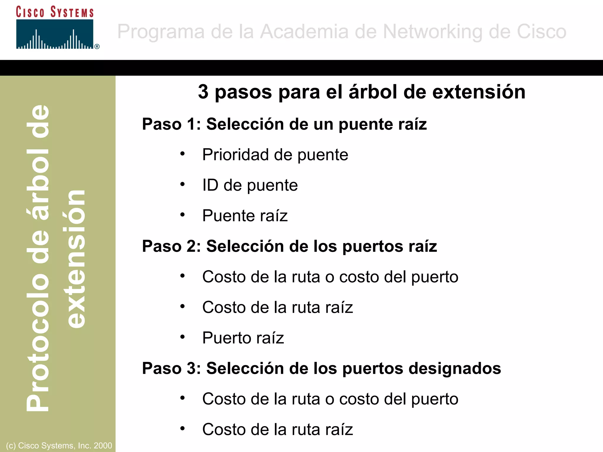 3 pasos para el árbol de extensión Paso 1: Selección de un puente raíz Prioridad de puente ID de puente Puente raíz Paso 2: Selección de los puertos raíz Costo de la ruta o costo del puerto Costo de la ruta raíz Puerto raíz Paso 3: Selección de los puertos designados Costo de la ruta o costo del puerto Costo de la ruta raíz 