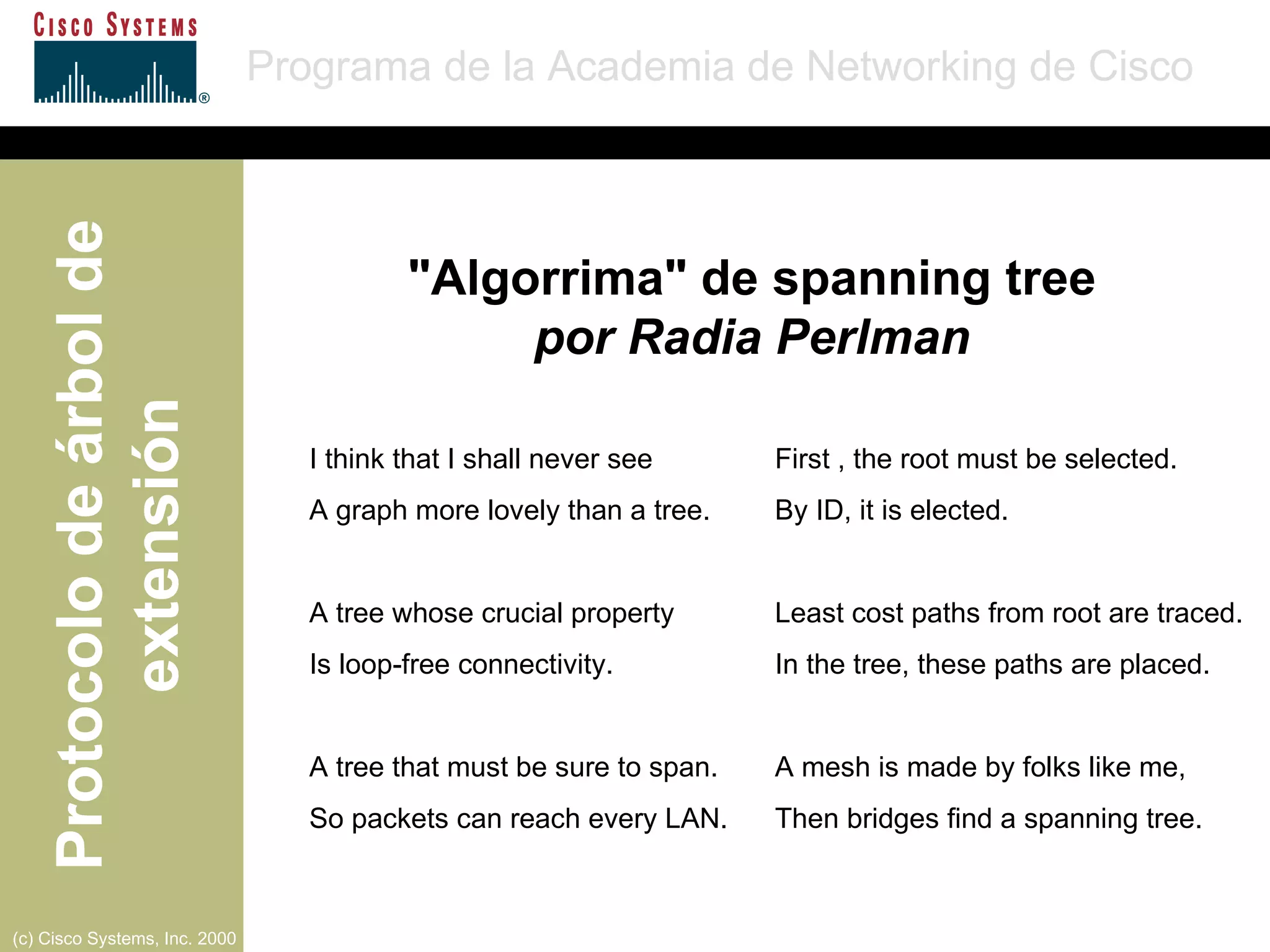 First , the root must be selected. By ID, it is elected. Least cost paths from root are traced. In the tree, these paths are placed. A mesh is made by folks like me, Then bridges find a spanning tree. I think that I shall never see A graph more lovely than a tree. A tree whose crucial property Is loop-free connectivity. A tree that must be sure to span. So packets can reach every LAN. "Algorrima" de spanning tree por Radia Perlman 